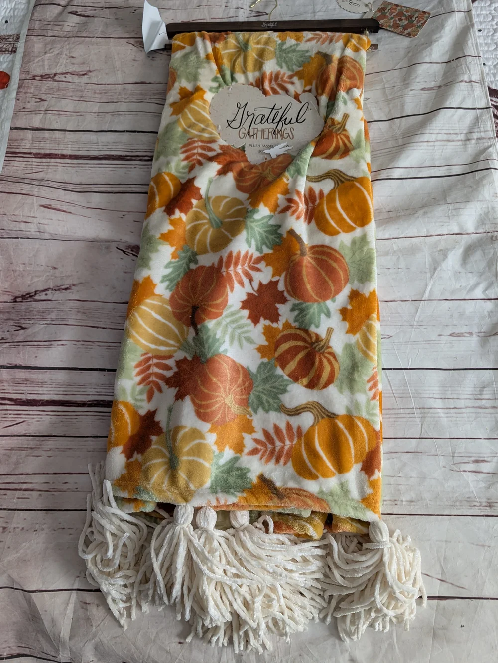 Grateful Fall Pumpkin Tassel Throw Blanket - Orange, Green, Cream
